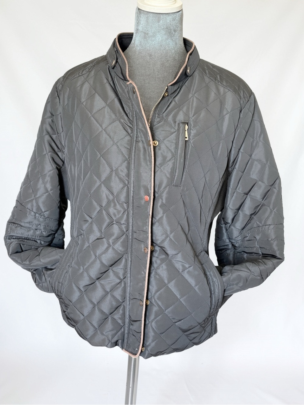 C’est Toi Black Diamond Quilted Moto Jacket - Faux Leather Trim Accent
